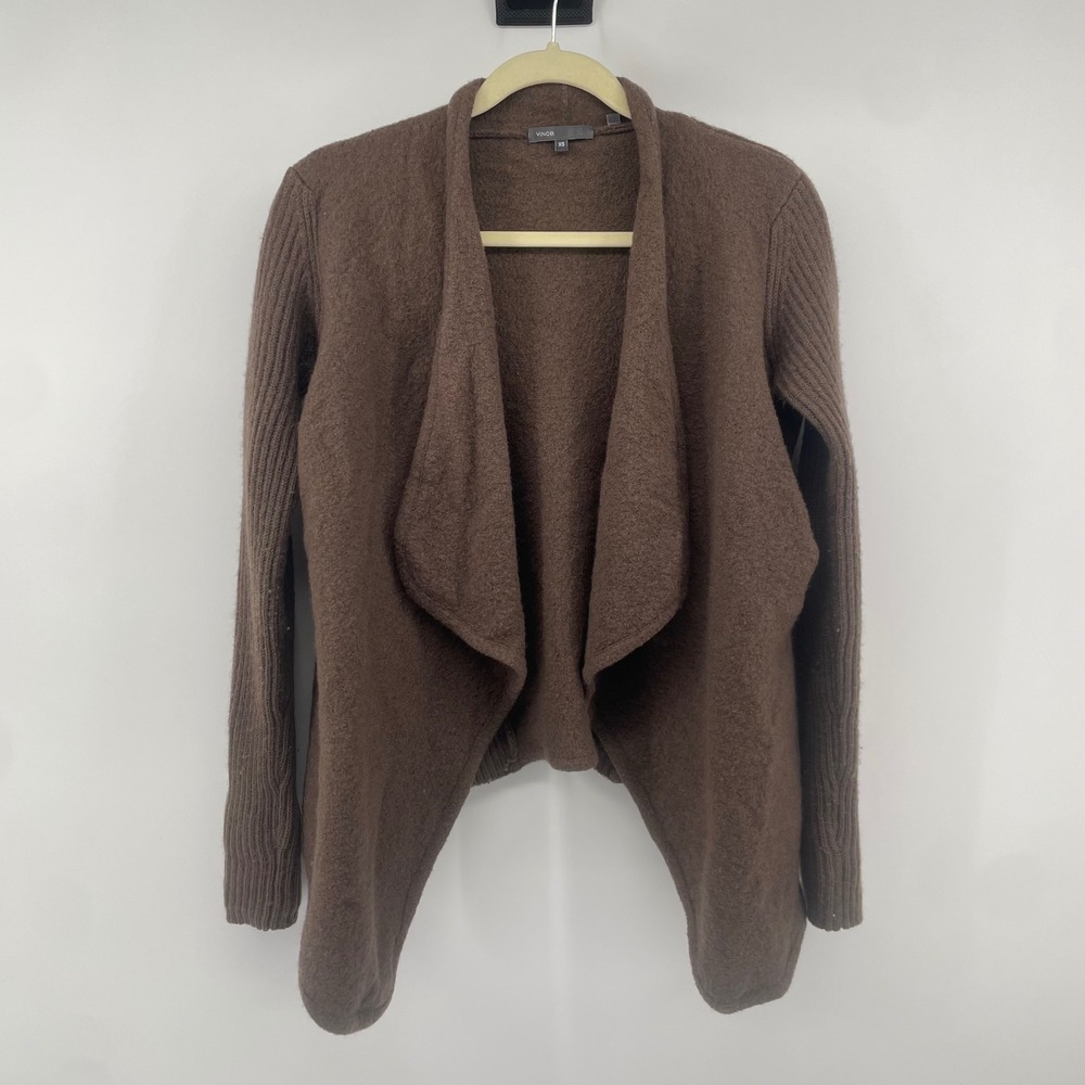 Vince Cardigan Women XS Brown Boiled Wool Draped Open Front Ribbed Knit Sweater